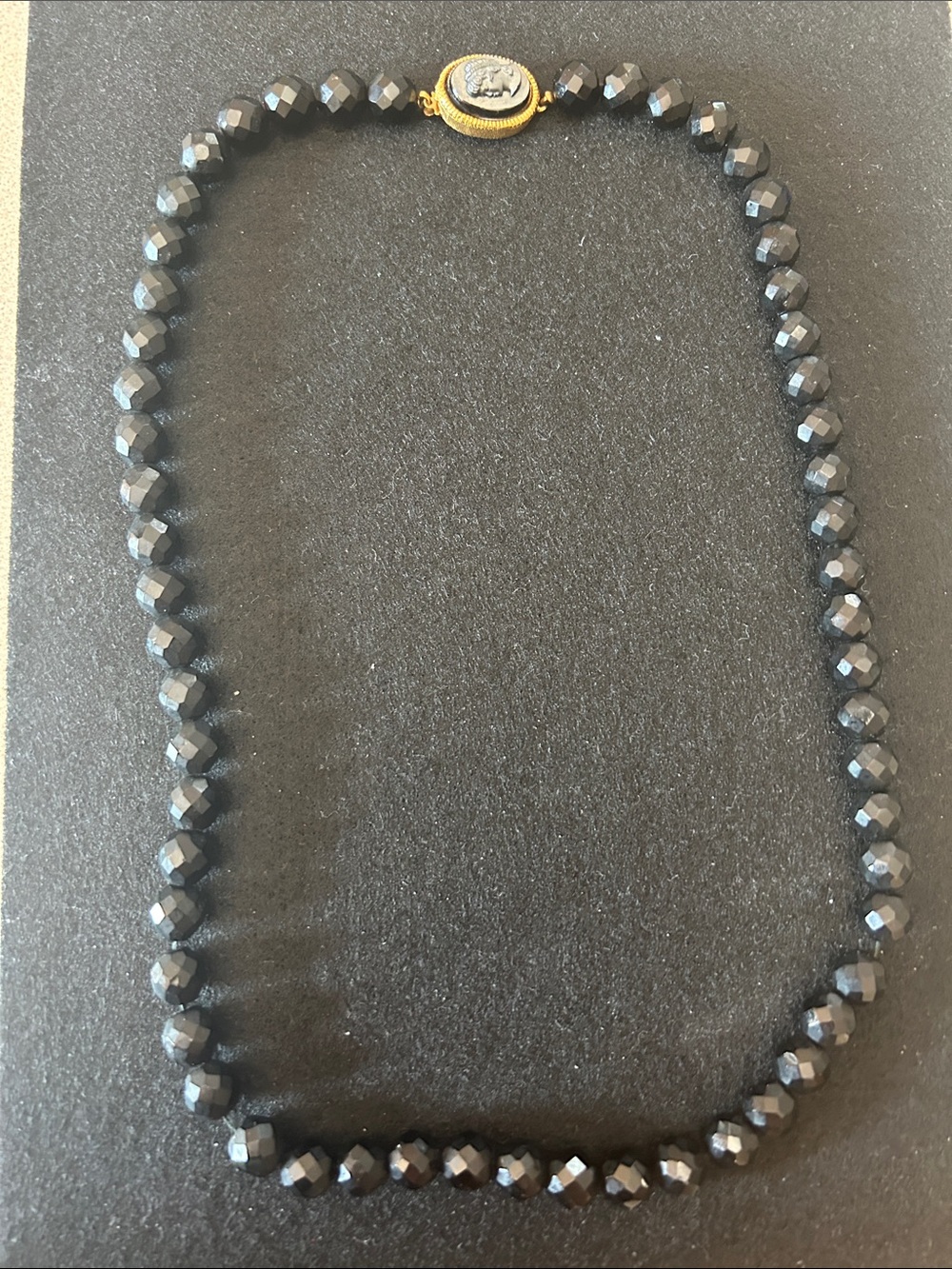 Antique Victorian French Jet Faceted Bead Necklace with Ornate Cameo Clasp